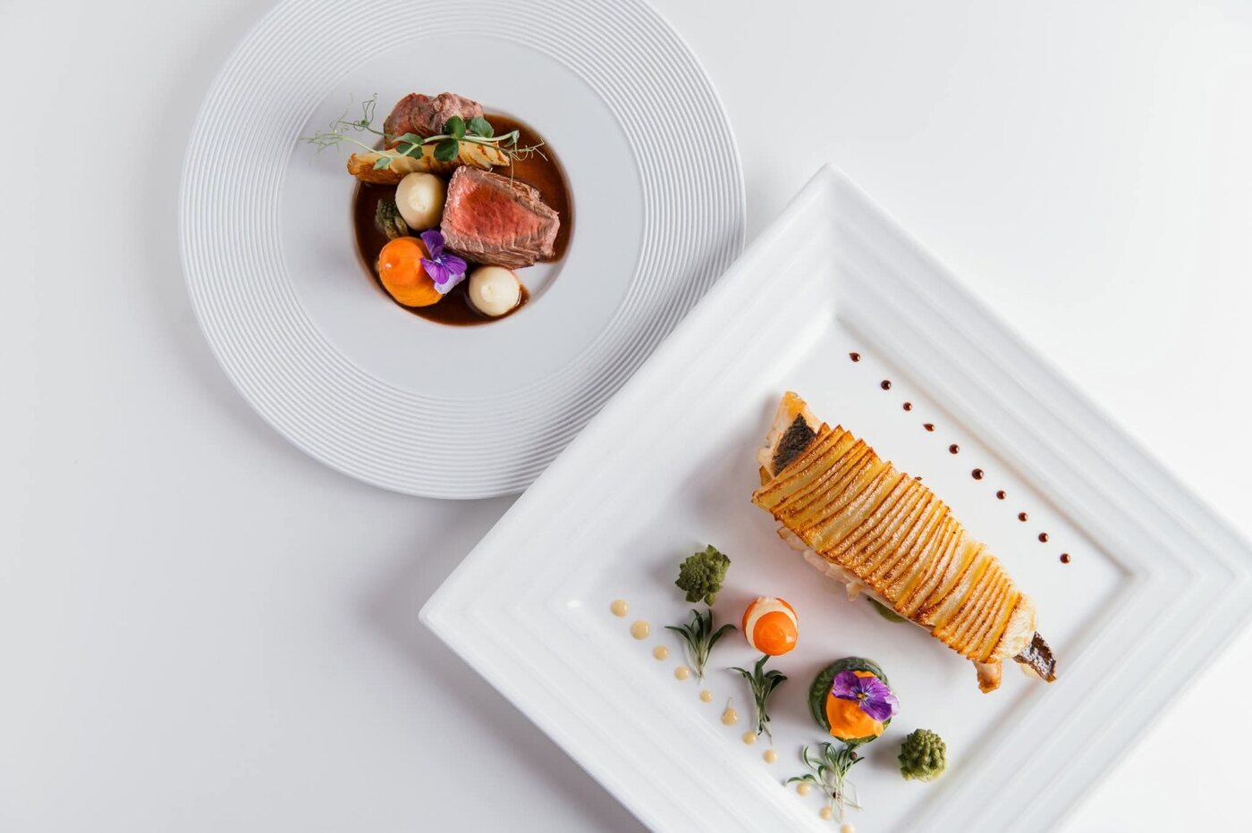 Deux assiettes gastronomiques dressées